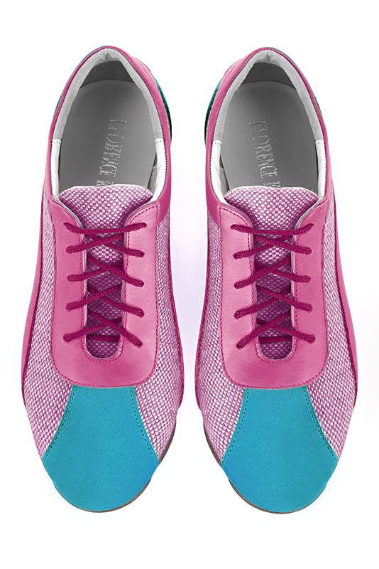 Turquoise blue and carnation pink women's open back shoes. Round toe. Flat rubber soles. Top view - Florence KOOIJMAN